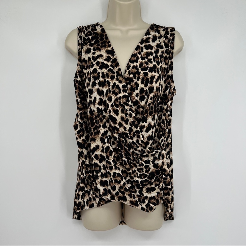 Beacon leopard gathered surplice wrap sleeveless flounce brown cream tank top.